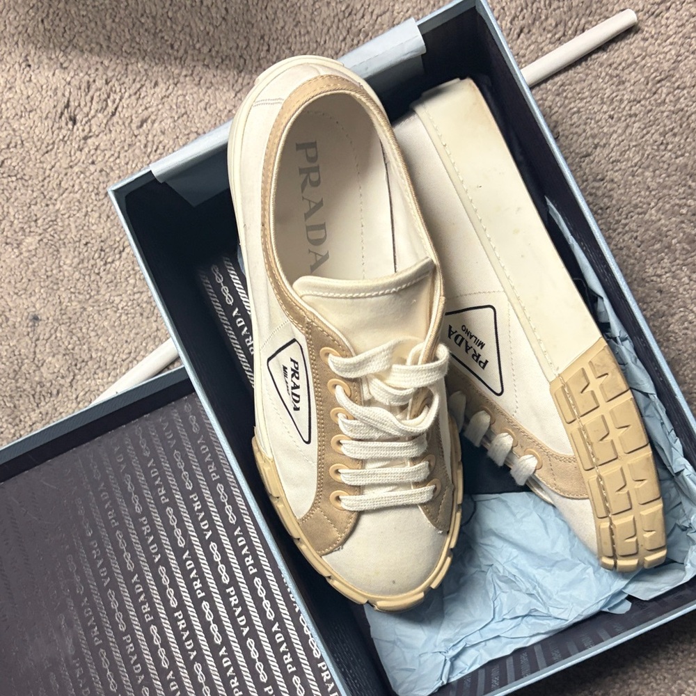 Prada Cream and Tan Canvas Sneakers